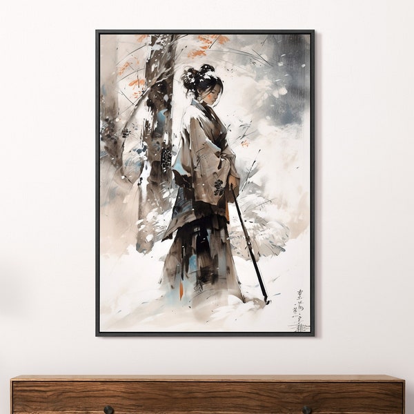 Japanese Geisha with Katana in a Snowy Forest Art Print, Watercolour Ink Painting, Japan Female Warrior Wall Art, Digital Download