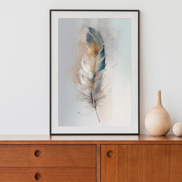 White Feather Art Print, levendige aquarelverf, kleurrijke veren kunst aan de muur, prachtige retro vintage posterafdrukken, digitale download