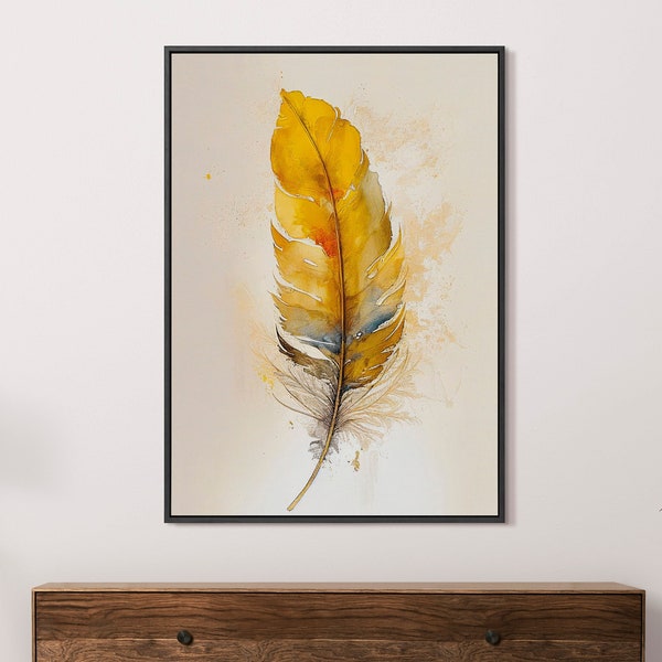 Yellow Feather Art Print, Vibrant Watercolor Painting, Colorful Feathers Wall Art, Stunning Retro Vintage Poster Prints, Digital Download