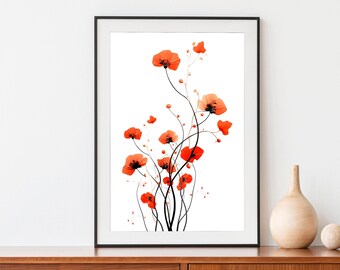 Impresión de arte de flores rojas, arte minimalista de la pared de flores, pintura floral de amapolas rojas, arte japonés, dibujo de arte de pared boho, descarga digital