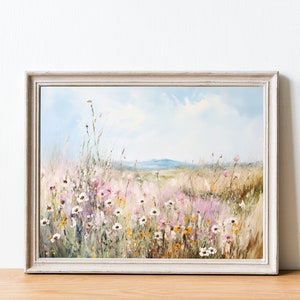 Field of Flowers Art Print, Romantic Floral Oil Painting, Pastel Field Flower Wall Art, Retro Wildflower Landscape Decor, Printable Download