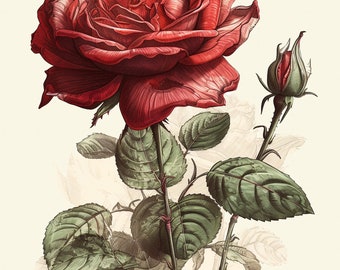 Red Rose Art Print, Realistic Flower Drawing, Colorful