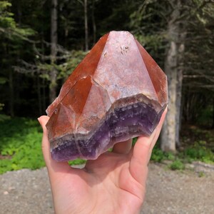 May include: A large, faceted crystal with a layered appearance. The top section is reddish-brown, transitioning to a white band and then a deep purple base. The crystal is held against a backdrop of green trees.