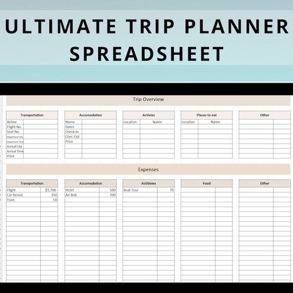 Trip Planner Spreadsheet | Excel | Google Sheets | Trip overview | Travel Template | Travel Planner | Travel Spreadsheet | Travel Budget