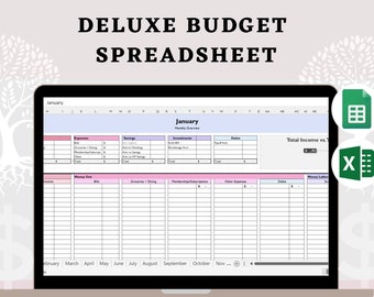 Deluxe maandelijkse/jaarlijkse budgetspreadsheettracker | Excel | Google Spreadsheets | Financiën | Onkostenregistratie | Budgetspreadsheetsjabloon