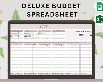 Deluxe maandelijkse en jaarlijkse budgetspreadsheettracker | Financiële tracker | Budgetspreadsheetsjabloon | Onkostenregistratie | Excel | Google Spreadsheets