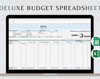 Deluxe månads- och årsbudgetark | Excel | Google Sheets | Ekonomi | Utgiftsspårning | Budgetkalkylbladsmall