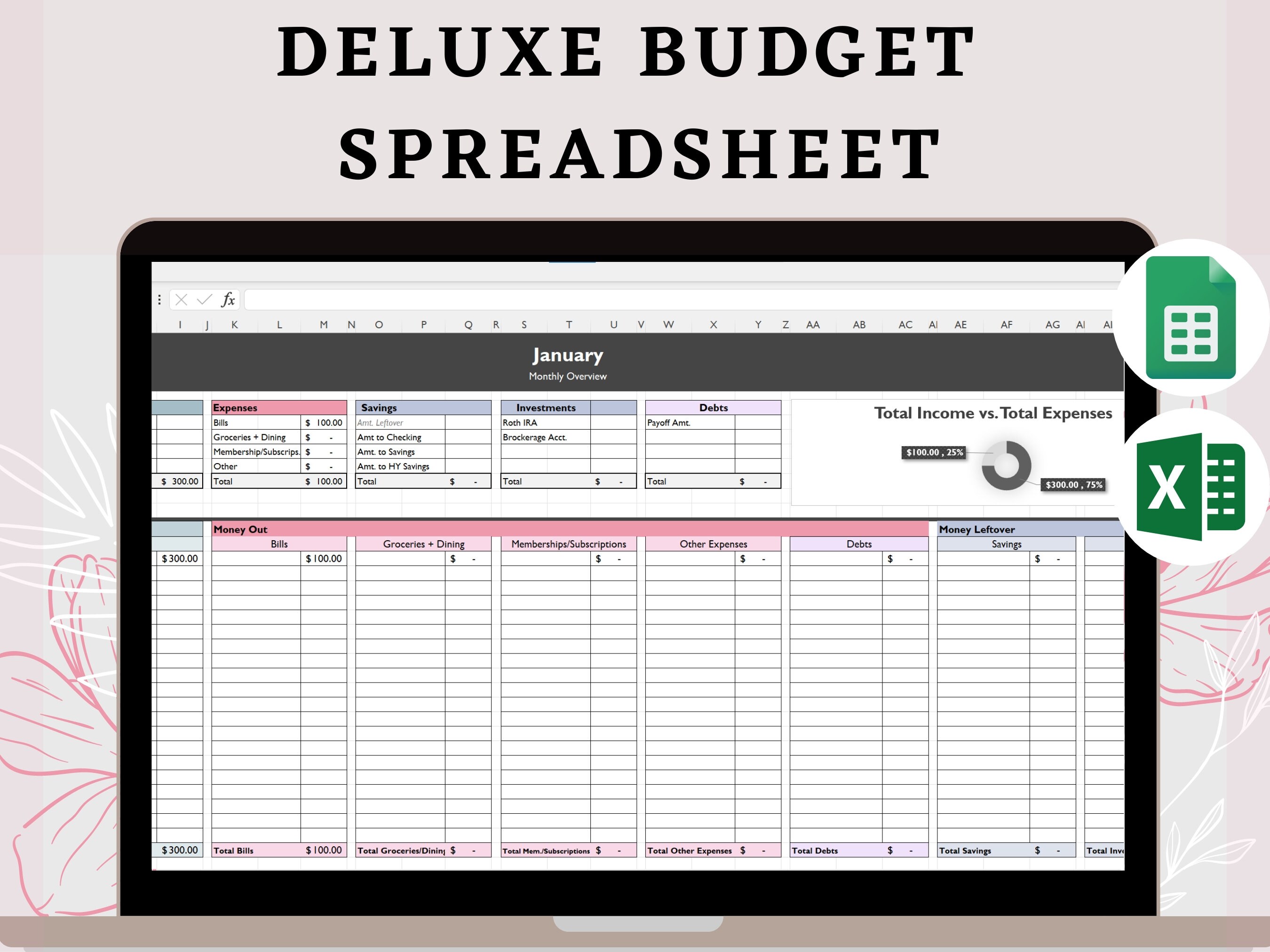 Deluxe Budget Spreadsheet Tracker Excel Google Sheets Finance Expense ...