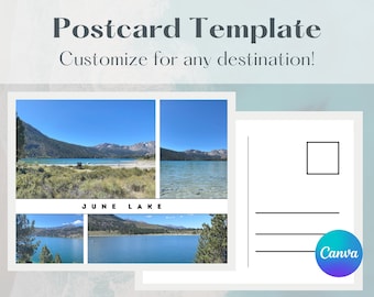 May include: A postcard template featuring photos of June Lake, California. The template has a space for a photo, a message, and an address. The text "June Lake" is printed on the postcard. The Canva logo is in the bottom right corner.