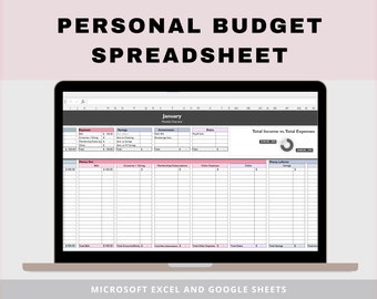 May include: A laptop screen displaying a personal budget spreadsheet template for January. The spreadsheet is divided into sections for income, savings, investments, bills, and expenses. The template is compatible with Microsoft Excel and Google Sheets.