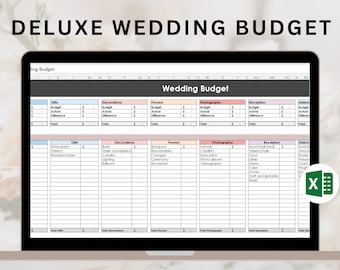 May include: A spreadsheet template for a wedding budget. The spreadsheet is divided into categories such as gifts, decorations, flowers, photography, reception, and station. Each category has a column for budget, actual, and difference. The spreadsheet is in a light blue and pink colour scheme.
