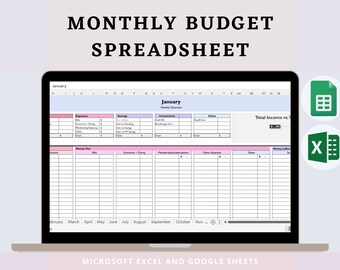 Maandelijkse budgetspreadsheettracker | Excel | Google Spreadsheets | Financiën | Onkostenregistratie | Budgetspreadsheetsjabloon | Jaarlijks budget
