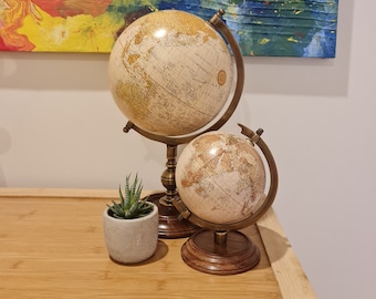 Handmade Vintage World Globe: Acacia Wood Base, Bronze Fittings