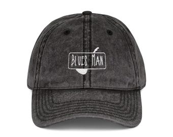 Blues Man Embroidered Hat • Distressed Vintage Guitarist Cap • Blues Guitar Gift for Him • Road‑Worn Musician Baseball Hat