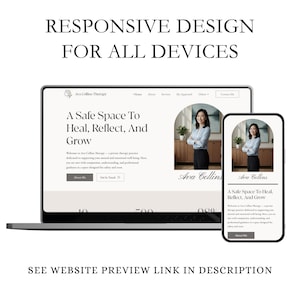 Może przedstawiać: Laptop i smartfon wyświetlają podgląd strony internetowej z tekstem "Responsive Design For All Devices". Strona internetowa zawiera tekst "A Safe Space To Heal, Reflect, And Grow". Widoczny jest r&oacute;wnież tekst "See Website Preview Link In Description".