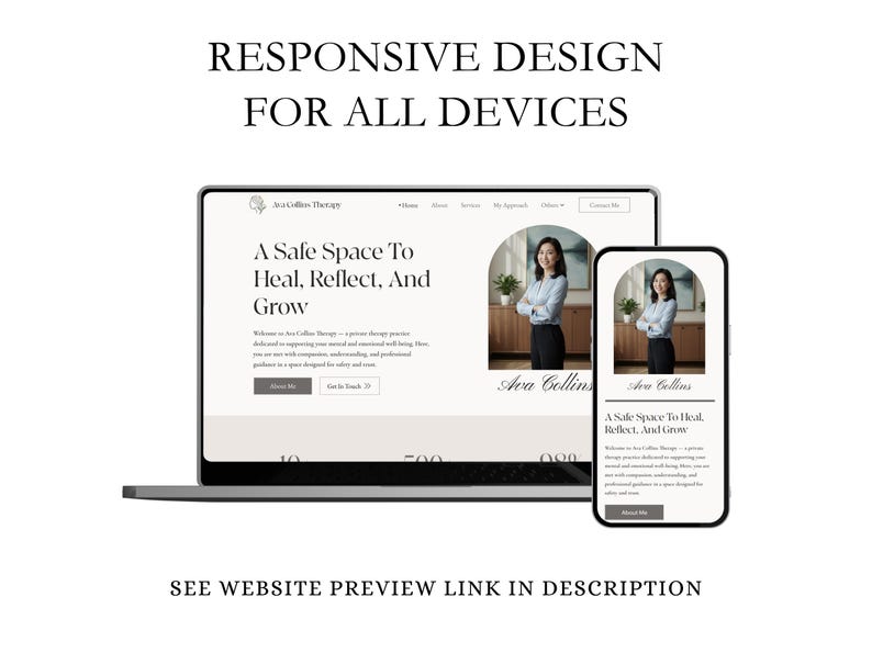 Może przedstawiać: Laptop i smartfon wyświetlają podgląd strony internetowej z tekstem "Responsive Design For All Devices". Strona internetowa zawiera tekst "A Safe Space To Heal, Reflect, And Grow". Widoczny jest r&oacute;wnież tekst "See Website Preview Link In Description".