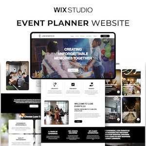 Puede incluir: Una visualización digital de una plantilla de sitio web para organizadores de eventos de Wix Studio llamada Luxe Events Co. El diseño presenta una sección principal con niños en una fiesta, iconos de servicios y secciones de texto que detallan la experiencia.