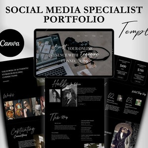 Könnte beinhalten: Eine schwarz-weiße Portfolio-Vorlage für Social-Media-Spezialisten. Die Vorlage zeigt einen Laptop mit einer Kamera darauf, eine Frau in einem schwarzen Mantel und Text mit der Aufschrift "Steigern Sie Ihre Online-Präsenz mit ansprechenden Verbindungen".