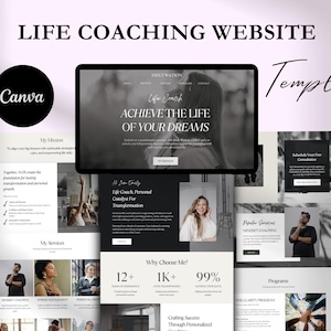 May include: A website template for life coaches, featuring a black and white colour scheme with a photo of a woman in the background. The text "Achieve the life of your dreams" is displayed in a large font. The website also includes sections for "My Mission", "My Services", "Why Choose Me?", "Popular Services", and "Programs".