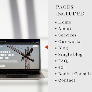 Pode incluir: Um computador port&aacute;til que exibe um site com o texto "Building a Better Future Together". O site apresenta um guindaste de constru&ccedil;&atilde;o vermelho contra um c&eacute;u azul. O site tamb&eacute;m inclui uma lista de p&aacute;ginas, incluindo In&iacute;cio, Sobre n&oacute;s, Servi&ccedil;os, Nossos trabalhos, Blog, Blog &uacute;nico, FAQs, 404, Agendar uma consulta e Contato.
