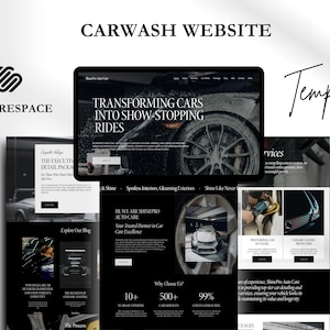 May include: A website template for car washes, featuring a black and white design with images of cars and car detailing services. The text on the website reads "Transforming cars into show-stopping rides" and "ShinePro Autocare: Your trusted partner in car care excellence".