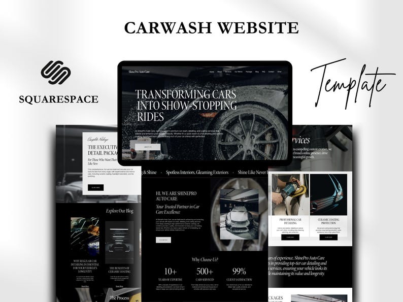 May include: A website template for car washes, featuring a black and white design with images of cars and car detailing services. The text on the website reads "Transforming cars into show-stopping rides" and "ShinePro Autocare: Your trusted partner in car care excellence".