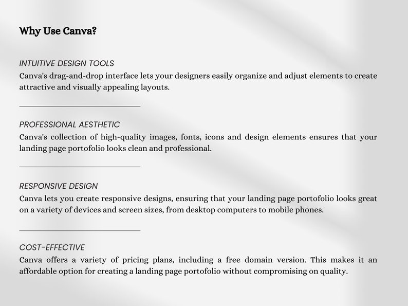 Pu&ograve; includere: Testo che spiega i vantaggi dell'utilizzo di Canva per creare portfolio di pagine di destinazione. Il testo evidenzia gli strumenti di progettazione intuitivi di Canva, l'estetica professionale, il design reattivo e la convenienza.