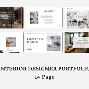 Pu&ograve; includere: Un portfolio che presenta progetti di interior design. La pagina di copertina presenta il testo "INTERIOR DESIGNER PORTFOLIO" e "14 Page". Il portfolio include immagini di diverse stanze, tra cui un soggiorno, una cucina e una camera da letto.