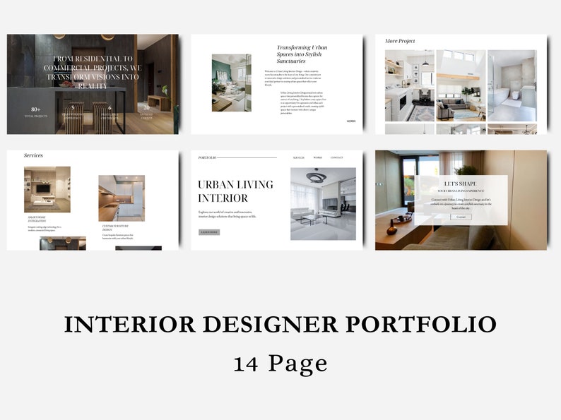 Pu&ograve; includere: Un portfolio che presenta progetti di interior design. La pagina di copertina presenta il testo "INTERIOR DESIGNER PORTFOLIO" e "14 Page". Il portfolio include immagini di diverse stanze, tra cui un soggiorno, una cucina e una camera da letto.