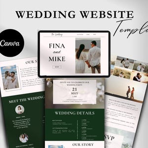 May include: A wedding website template with the text "WEDDING WEBSITE Template" and the Canva logo. The design includes a tablet displaying a wedding website, along with wedding details and photos. The website features the names "FINA and MIKE".