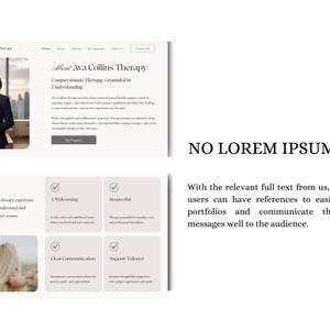 Może przedstawiać: Projekt strony internetowej dla Ava Collins Therapy, z profesjonalną kobietą w marynarce i sekcjami dotyczącymi tego, czego się spodziewać, w tym przyjaznego i pełnego szacunku środowiska. Projekt zawiera tekst "NO LOREM IPSUM".