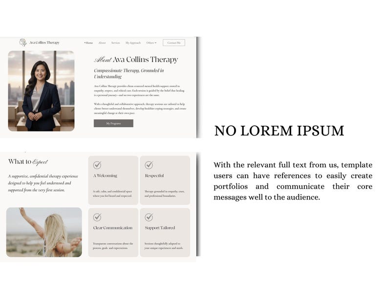 Może przedstawiać: Projekt strony internetowej dla Ava Collins Therapy, z profesjonalną kobietą w marynarce i sekcjami dotyczącymi tego, czego się spodziewać, w tym przyjaznego i pełnego szacunku środowiska. Projekt zawiera tekst "NO LOREM IPSUM".