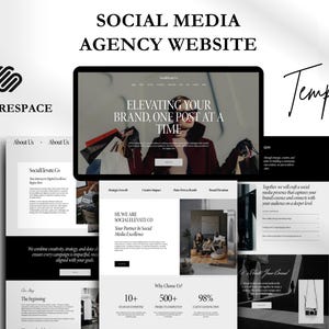 Könnte beinhalten: Eine schwarz-weiße Website-Vorlage für eine Social-Media-Agentur. Die Website verfügt über ein modernes Design mit Fokus auf visuelle Attraktivität. Der Text auf der Website enthält die Sätze "Steigern Sie Ihre Marke, einen Beitrag nach dem anderen." und "SocialElevate Co."