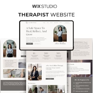Peut inclure: Un affichage numérique d'un modèle de site web pour thérapeute intitulé Ava Collins Therapy, présentant une mise en page épurée avec une typographie serif, des portraits professionnels et des sections sur l'expérience clinique et les services.