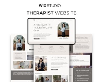 May include: A digital display of a therapist website template titled Ava Collins Therapy, featuring a clean layout with serif typography, professional portraits, and sections for clinical experience, client testimonials, and service details.