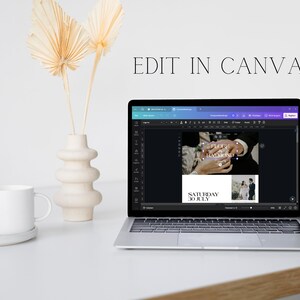 May include: A laptop computer displaying a Canva design template for a wedding invitation. The design features a photo of a couple's hands with a wedding ring, and the text "FOREVER & ALWAYS" and "SATURDAY 30 JULY".