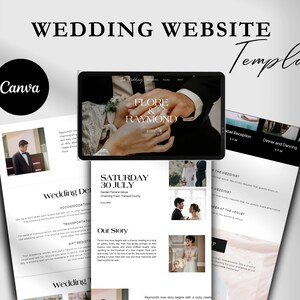 May include: A wedding website template with a black and white color scheme. The template features a photo of a couple's hands with a wedding ring, a photo of the bride and groom, and text that says "Flore & Raymond" and "Saturday, 30 July".