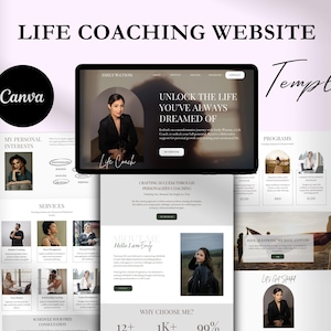 May include: A website template for life coaches, featuring a woman in a photograph with the text "Unlock the life you've always dreamed of". The website includes sections for services, programmes, and testimonials.