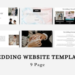 May include: A wedding website template with nine pages. The template features a black and white color scheme with a modern design. The website includes sections for the wedding ceremony, cocktail reception, dinner and dancing, wedding details, and an RSVP form.