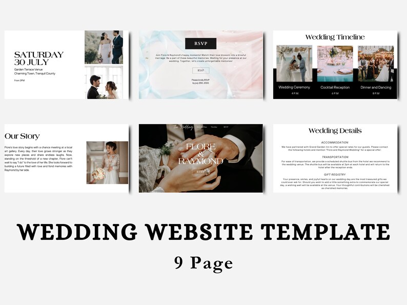 May include: A wedding website template with nine pages. The template features a black and white color scheme with a modern design. The website includes sections for the wedding ceremony, cocktail reception, dinner and dancing, wedding details, and an RSVP form.