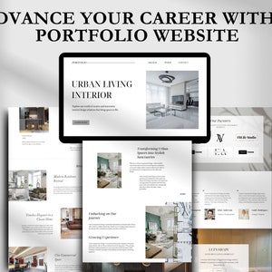 Pu&ograve; includere: Un mockup di un sito web che mostra progetti di interior design. Il sito web presenta un design pulito e moderno con immagini di vari spazi abitativi e testo che descrive i progetti. Il sito web &egrave; intitolato "Urban Living Interior".