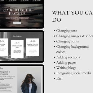 May include: A digital design layout with the text "READY TO TAKE THE FIRST STEP?" and "WHAT YOU CAN DO". The image shows website design elements, including text, images, and a list of features like changing text, images, and fonts.