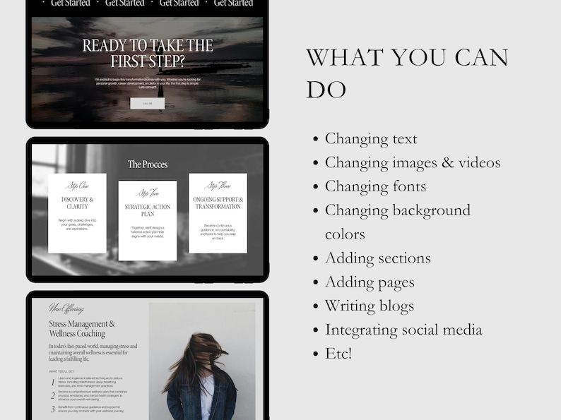 May include: A digital design layout with the text "READY TO TAKE THE FIRST STEP?" and "WHAT YOU CAN DO". The image shows website design elements, including text, images, and a list of features like changing text, images, and fonts.