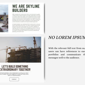 Peut inclure: Un site web pour une entreprise de construction appel&eacute;e Skyline Builders. Le site web pr&eacute;sente une photo d'un chantier de construction avec des grues et un b&acirc;timent en construction. Le texte sur le site web dit "We are Skyline Builders" et "Let's build something extraordinary together!"