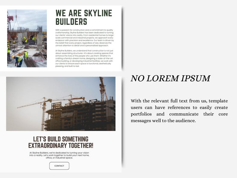 Peut inclure: Un site web pour une entreprise de construction appel&eacute;e Skyline Builders. Le site web pr&eacute;sente une photo d'un chantier de construction avec des grues et un b&acirc;timent en construction. Le texte sur le site web dit "We are Skyline Builders" et "Let's build something extraordinary together!"