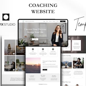 Op de afbeelding: Een website template voor coachingdiensten, met een tablet waarop een websiteontwerp met de tekst "Uncover Your Purpose, Design Your Life" wordt weergegeven. De afbeelding bevat het Wix Studio-logo en het woord "Template".