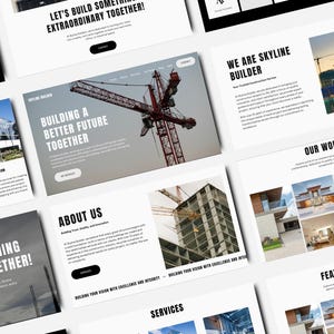 Pode incluir: P&aacute;gina inicial do site da Skyline Builder, uma empresa de constru&ccedil;&atilde;o. O site apresenta um guindaste vermelho contra um c&eacute;u cinza, uma foto de um pr&eacute;dio em constru&ccedil;&atilde;o e o texto "Construindo um futuro melhor juntos".