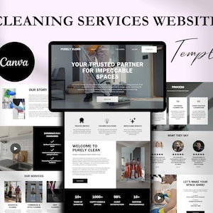 Op de afbeelding: Website-sjabloon voor schoonmaakdiensten, met een tablet waarop een website-mockup wordt weergegeven met de tekst "Your Trusted Partner for Impeccable Spaces". Andere secties tonen diensten, getuigenissen en een "Canva"-logo.