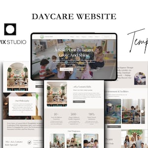 Könnte beinhalten: Ein Design für eine Kita-Website-Vorlage mit dem Text "DAYCARE WEBSITE" oben. Das Design umfasst ein Tablet, das eine Website anzeigt, und mehrere Website-Seiten-Mockups. Die Website enthält den Text "A Safe Place To Learn, Grow, And Shine."