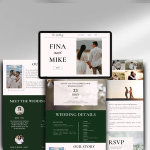 May include: A digital wedding invitation suite featuring a tablet and printed materials. The tablet displays "FINA and MIKE" with a photo of a couple. The printed materials include wedding details, RSVP information, and photos.